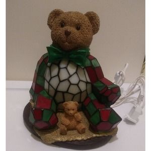 Tiffany Style Stained Glass Vintage Christmas Teddy Bear Accent Lamp